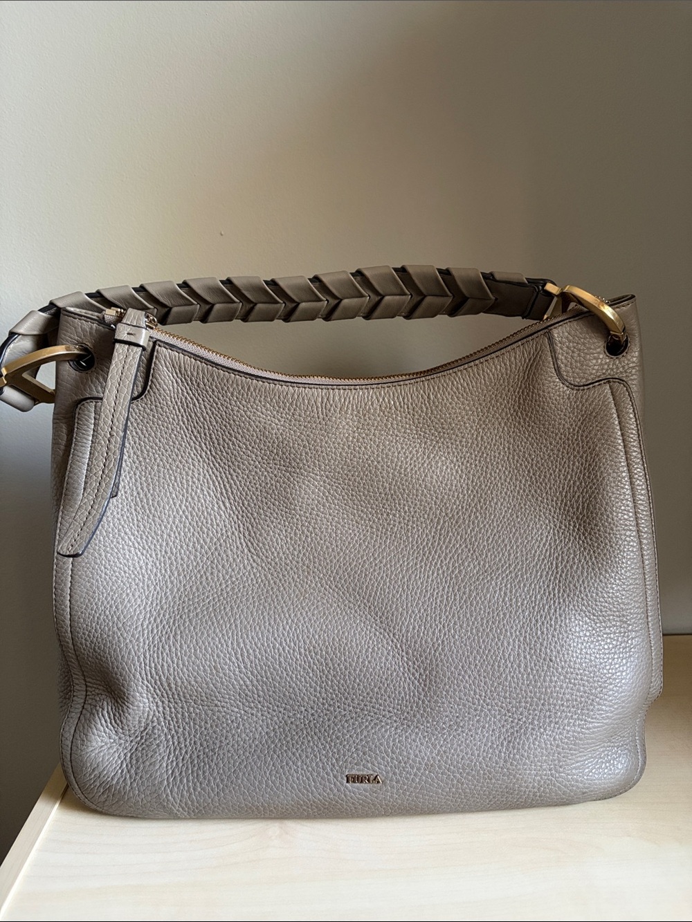 Furla Pebbled Leather Hobo in Taupe with Braided Handle